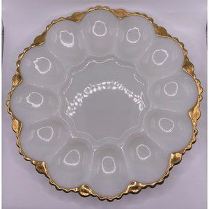 Vintage Milk Glass Egg Plate Gold Accents